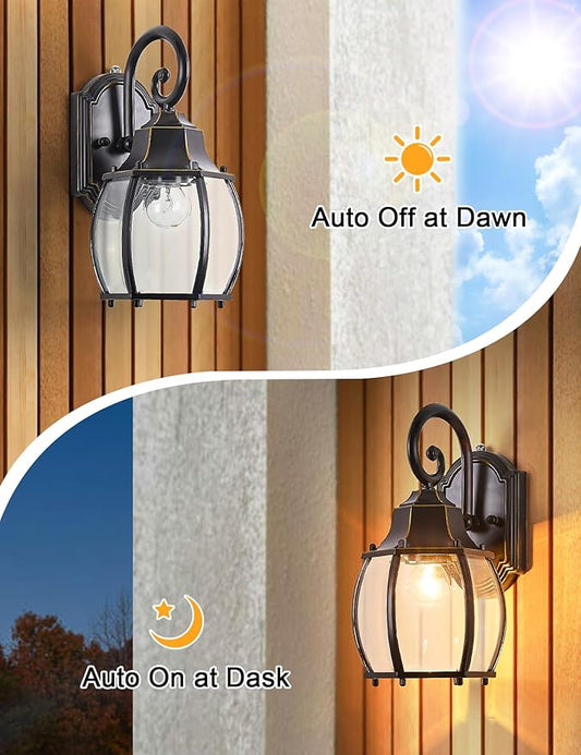 Dusk to Dawn Outdoor Wall Light Vintage Wall Lamp Outside with IP65 Sensor Exterior Light Fixtures Wall Mount Porch Light E26 Exterior Wall Sconces in Black with Gold Rim for House 2-Pack