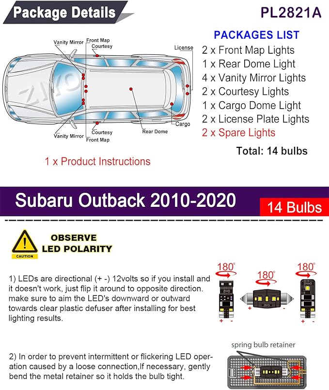PL2821A LED Interior Light kit for Subaru Outback 2010-2020, 6000K White Dome Lights Accessories Replacement Package, LED Light Bulbs Upgrade (14 Bulbs)