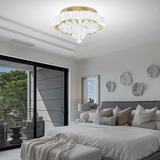 16in Gold Crystal Chandeliers for Living Room Dining Room Crystal Ceiling Light Fixtures Modern LED Flush Mount Light Dimmable 2700k-6000k