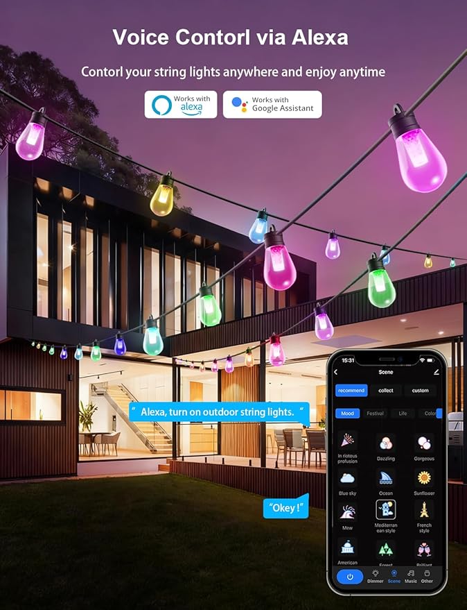 APPECK Outdoor String Lights, 50ft Smart RGBW Patio Lights Outside with 15 LED Bulbs, Extendable, 111 Scene Modes, IP65 Waterproof Lighting for Backyard, Dimmable Warm White, Compatible with Alexa