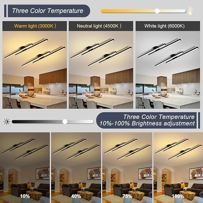 Black Modern LED Ceiling Light Fixtures with Remote 3000K/4500K/6000K Close to Ceiling Lights Creative Design Ceiling Lamp for Bedroom Kitchen Living Room Dining Room (32W, 2 Lights)
