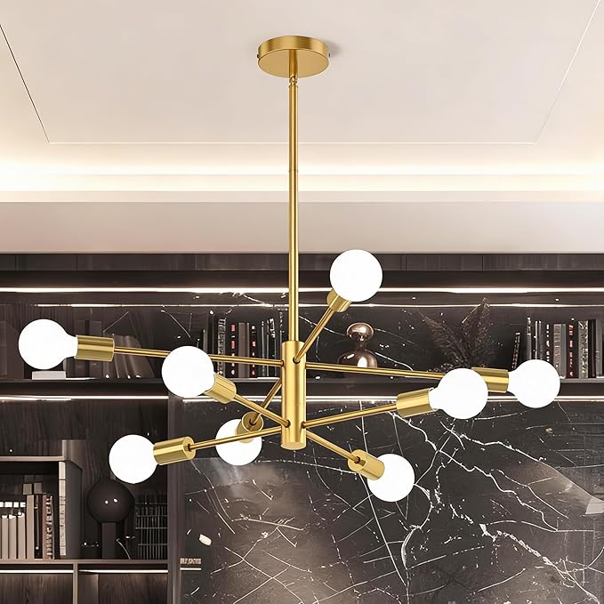 Sputnik Chandelier 8-Light, Mid Century Modern Height Adjustable Ceiling Light Fixture for Dining Room, Kitchen Island, Living Room, Bedroom, Gold