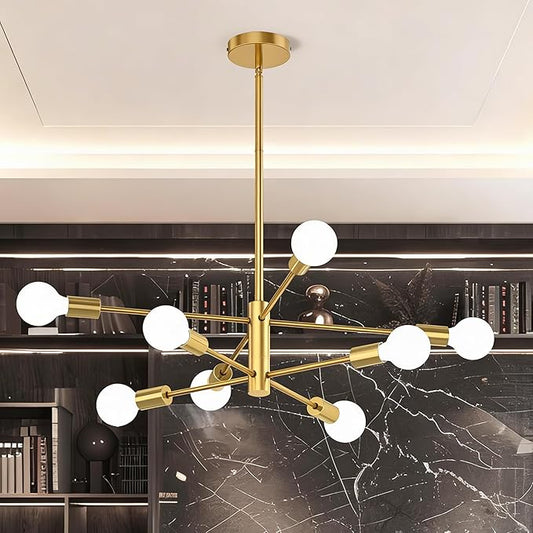 Sputnik Chandelier 8-Light, Mid Century Modern Height Adjustable Ceiling Light Fixture for Dining Room, Kitchen Island, Living Room, Bedroom, Gold