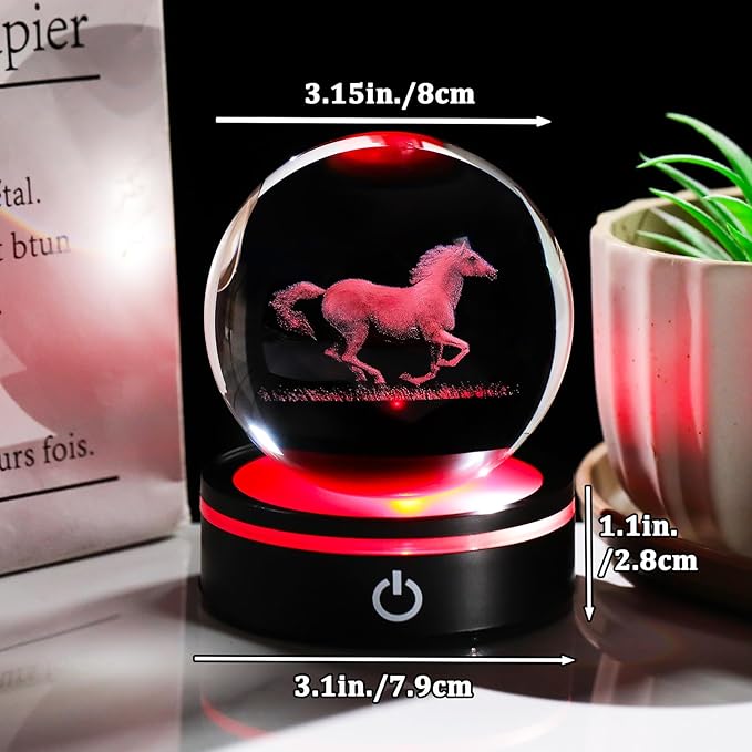 YWHL 3D Crystal Horse Figurine with LED Base, Horse Gifts for Men Women on Christmas Birthday, Glass Sphere Animal Decorative Ball for Home Decor (80mm)