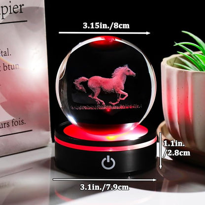 YWHL 3D Crystal Horse Figurine with LED Base, Horse Gifts for Men Women on Christmas Birthday, Glass Sphere Animal Decorative Ball for Home Decor (80mm)