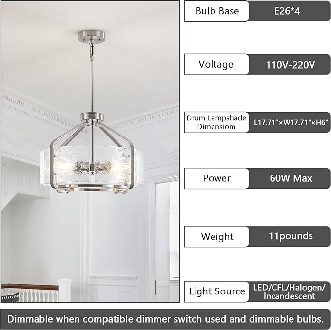 Luupyia 17.7 Inches Glass Drum Chandelier, 4Lights Modern Glass Chandeliers, Height Adjustable Nickel Drum Crystal Chandeliers Pendant Light Dining Room Kitchen Entryway Chandelier for Foyer