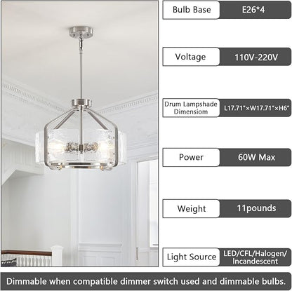 Luupyia 17.7 Inches Glass Drum Chandelier, 4Lights Modern Glass Chandeliers, Height Adjustable Nickel Drum Crystal Chandeliers Pendant Light Dining Room Kitchen Entryway Chandelier for Foyer