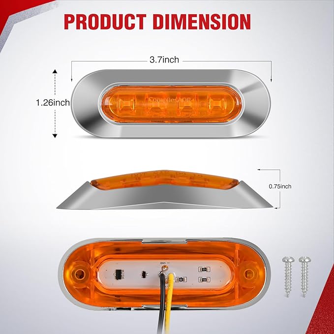 Nilight 20PCS Amber Red Oval Side Marker Lights 4 LED 3.7 Inch Clearance Lamp IP68 Waterproof DC 12-24V with Chrome Bezel Universal for Car Auto Truck Bus Trailer Boat Deck