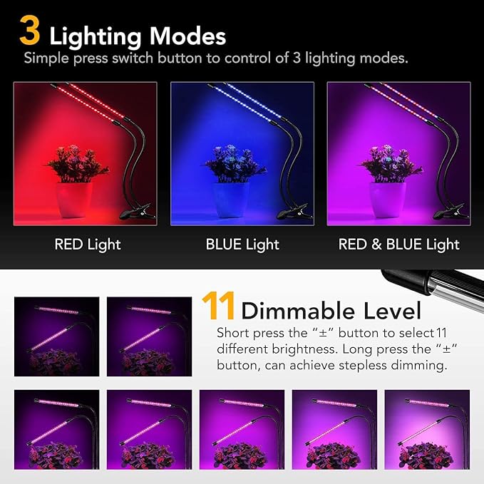 iPower LED Grow Lights for Indoor Plants, Full Spectrum Plant Growing Lamp with Red Blue LEDs, 11-Level Dimmable, Auto On Off with 3/9/12H Timer, 2 Tubes