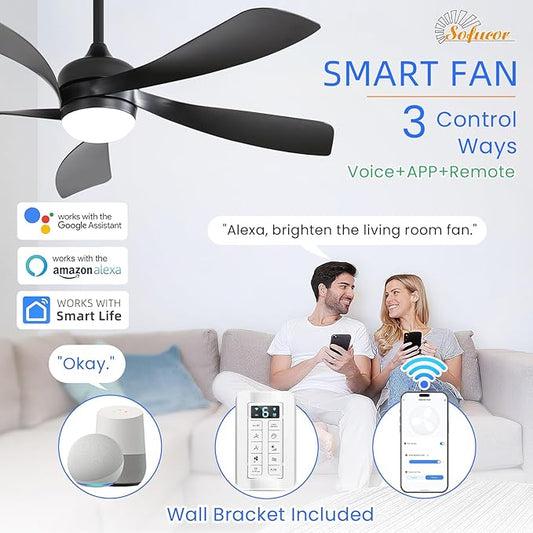 Sofucor 52" Smart Ceiling Fan, Indoor/Outdoor Black Ceiling Fans with Lights and Remote, Works with Alexa/Google/App, 3-Color Light 6-Speed Timing Reversible DC Motor for Bedroom Living Room Patio
