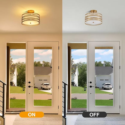 Drum Semi Flush Mount Ceiling Light Fixture, Gold Matal & Linen Fabric Shade Ceiling Light, Modern Farmhouse Close to Ceiling Light for Bedroom, Hallway, Entryway, Dining Room, Laundry Room