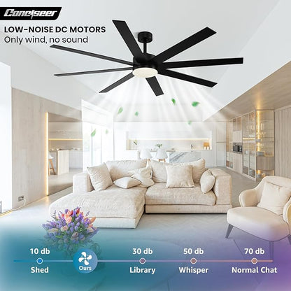 Conciseer Modern 72 Inch Ceiling Fans with Lights and Remote, Dual Color 8 Blades,Living Room Office Library Cafe Outdoor Industrial, 24W 3CCT 6 Speed Reversible Quiet DC Motor, Black/Wood Grain