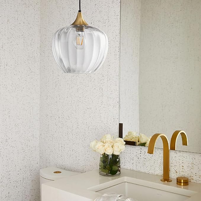 Clear Glass Pendant Lights Kitchen Island, 9" Round Lampshade Vintage Hanging Lamp Ceiling Lighting Fixtures, Gold Modern Chandelier for Dining Room Restaurant Bedroom Foyer Entryway