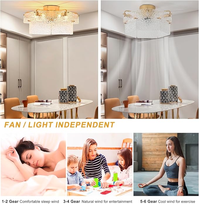 Ganeed Gold Fandelier Ceiling Fan with Light, 20inch Crystal Fandelier Ceiling Fan with Remote Caged Enclosed Bladeless Reversible 6 Speeds for Bedroom, Kitchen, Foyer, Living Room, Nursery