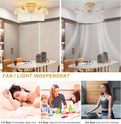 Ganeed Gold Fandelier Ceiling Fan with Light, 20inch Crystal Fandelier Ceiling Fan with Remote Caged Enclosed Bladeless Reversible 6 Speeds for Bedroom, Kitchen, Foyer, Living Room, Nursery