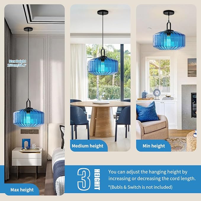 Large Modern Pendant Light Fixtures Dining Room Vintage Glass Ceiling Pendant Lighting Kitchen Sink Blue Hand Blown Glass Shade Black Finish Adjustable Cord Hanging Pendant Light