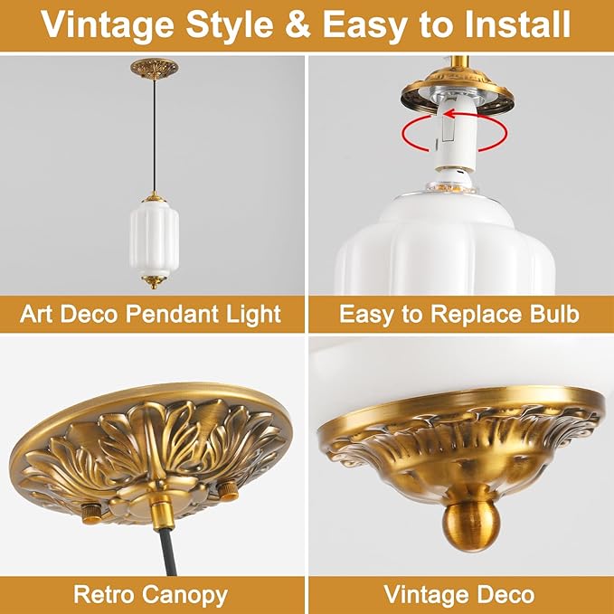 Milk Glass Pendant Light, 5.5in Small Schoolhouse Light Fixture, LED Bulb Included, Vintage Art Deco Chandelier for Kitchen Island Dining Room Bedroom Hallway, White & Antique Gold 1 Pack