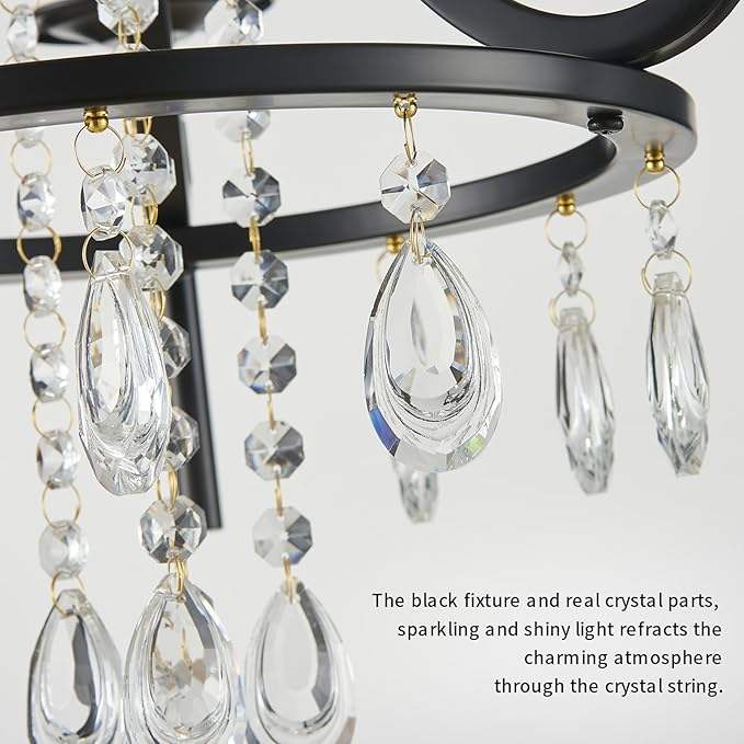 Small Crystal Chandelier, 3-Lights Modern Black Chandeliers for Dinning Room, Wagon Wheel Black Chandelier, Farmhouse Hanging Pendant Light Fixture for Bedroom Hallway Entryway Bar Kitchen Bathroom