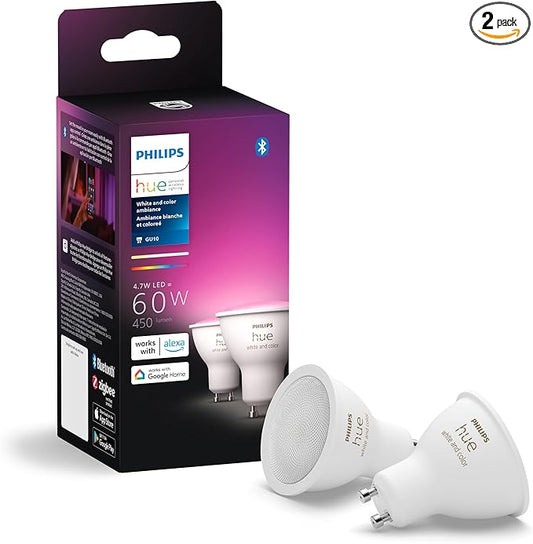 Philips Hue Smart 60W GU10 LED Bulb - White and Color Ambiance Color-Changing Light - 2 Pack - 450LM - Indoor - Control with Hue App - Works with Alexa, Google Assistant and Apple Homekit, 584680