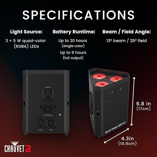 CHAUVET DJ – EZLink Wedge Q3BT ILS Battery Operated LED Wash Light | Quad Color RGBA Output | True Wireless Design, Bluetooth Control from Mobile Devices | ILS Compatibility for Events