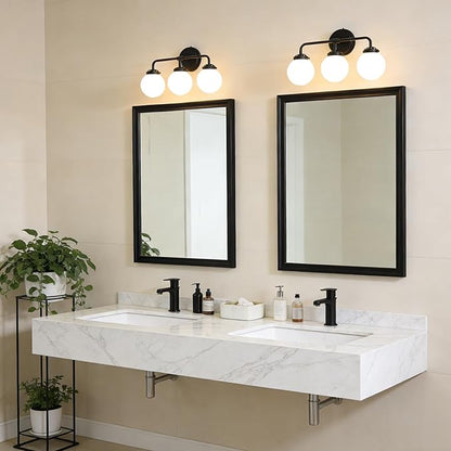Bathroom Light Fixtures, 18.26'' Black Vanity Light, Modern 3 Lights Wall Sconce with Milky Glass Globe Shade, Mid-Century Bathroom Lighting Fixtures Over Mirror for Bathroom, Living Room