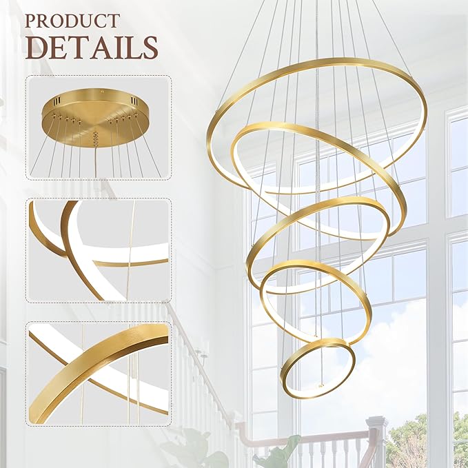5 Ring Modern LED Chandelier Dimmable Gold High Ceiling Chandeliers for Foyer, LED Contemporary Large Pendant Lighting with Remote Control Circular for Living Room Staircase, 3000K-6500K