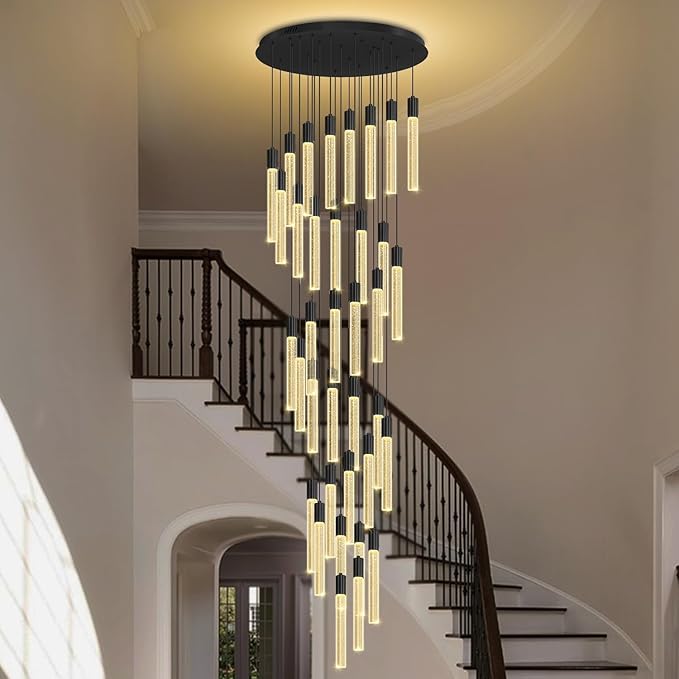 200" Extra Long Crystal Chandelier for High Ceiling 36-Light Black Crystal Column Chandeliers Modern Dimmable LED Ceiling Light for Foyer Entryway Staircase Double-Height Hotel Lobby