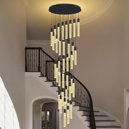 200" Extra Long Crystal Chandelier for High Ceiling 36-Light Black Crystal Column Chandeliers Modern Dimmable LED Ceiling Light for Foyer Entryway Staircase Double-Height Hotel Lobby