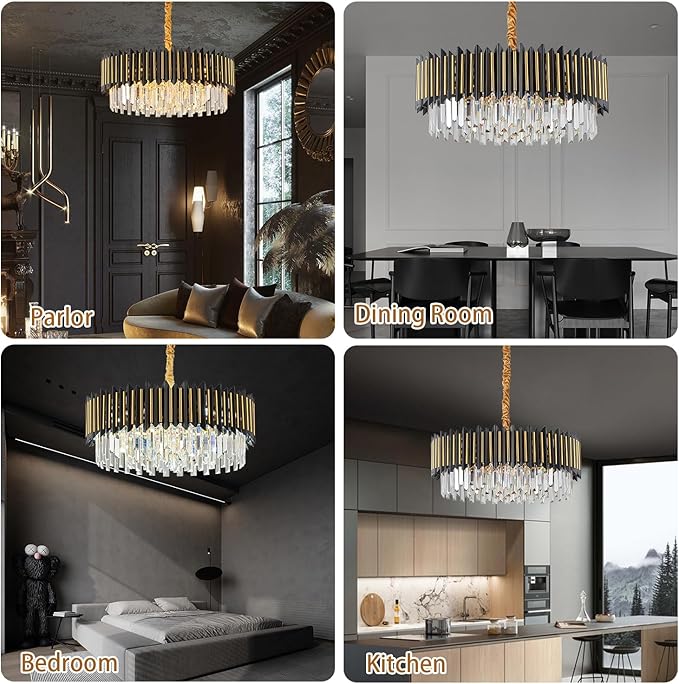 Black and Gold Chandelier 3-Tier Modern Large Crystal Chandelier Semi Flush Mount Chandelier Light Round Ceiling Light Fixture Ceiling Lamp Modern Chandelier for Dining room Living Room Kitchen
