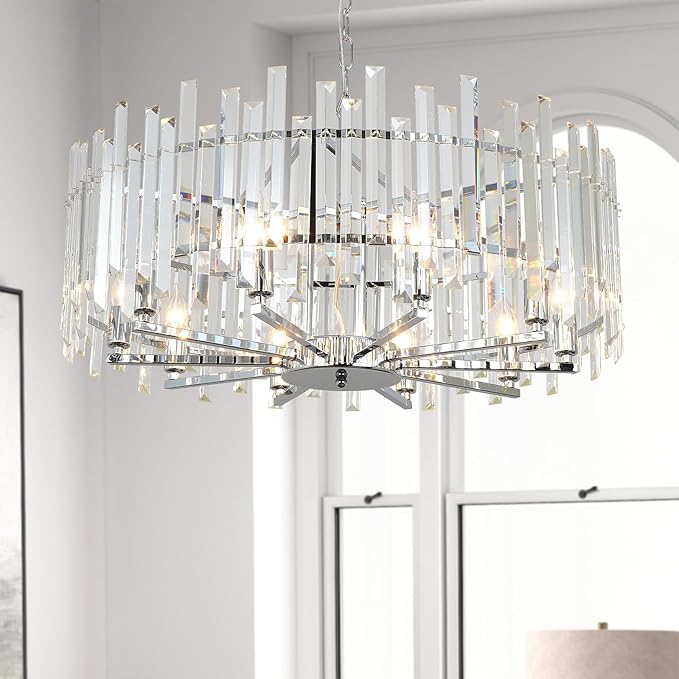 Chrome Crystal Chandeliers for Dining Room, 27.6" Modern Round Chandelier Large Adjustable Height Ceiling Hanging Pendant Light Fixture for Dining Living Room Bedroom