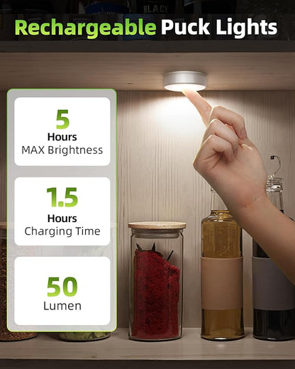 EZVALO LED Puck Lights with Charging Station, Rechargeable Stick On Tap Lights, Wireless Closet Light, 3 Color Temps, Under Cabinet Lights, 2.5'' Mini Touch Light for Kitchen,Pantry,Shelves(4 Pack)