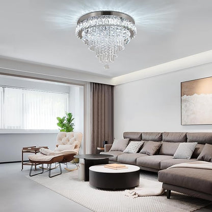 FRIXCHUR Crystal Chandeliers LED Crystal Ceiling Light Fixture with Remote Large Flush Mount Chandelier Ceiling Light for Living Room Bedroom Kitchen (Dimmable)