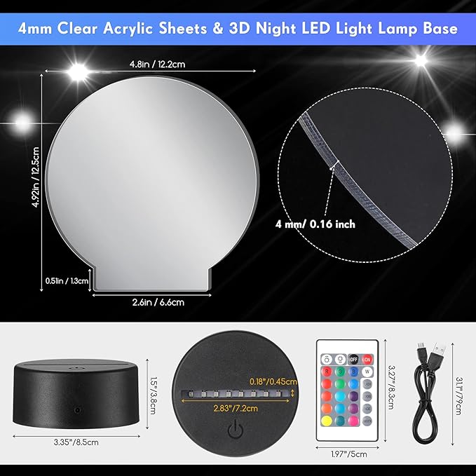 Riakrum 48 Pcs/12 Sets Acrylic Night Lights Clear Acrylic Sheets and 3D Night LED Light Lamp Base with Remote Control USB Cable, DIY LED Lamp Set for Restaurant Bar Cafe Room Decor(Round)