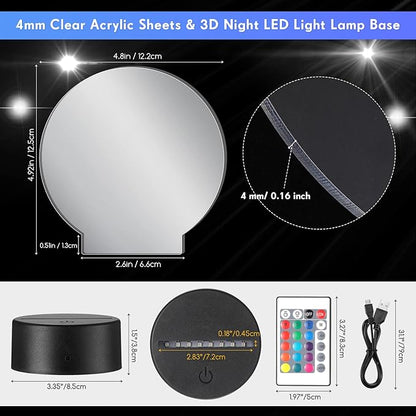 Riakrum 48 Pcs/12 Sets Acrylic Night Lights Clear Acrylic Sheets and 3D Night LED Light Lamp Base with Remote Control USB Cable, DIY LED Lamp Set for Restaurant Bar Cafe Room Decor(Round)