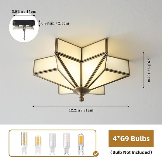 Star Brass Glass Ceiling Light - Small 12 Inch Bronze Black Flush Mount Fixture - Unique Art Deco Vintage Modern Milk Lighting Lights for Bedroom Dining Entry Hall Hallway Outdoor Porch
