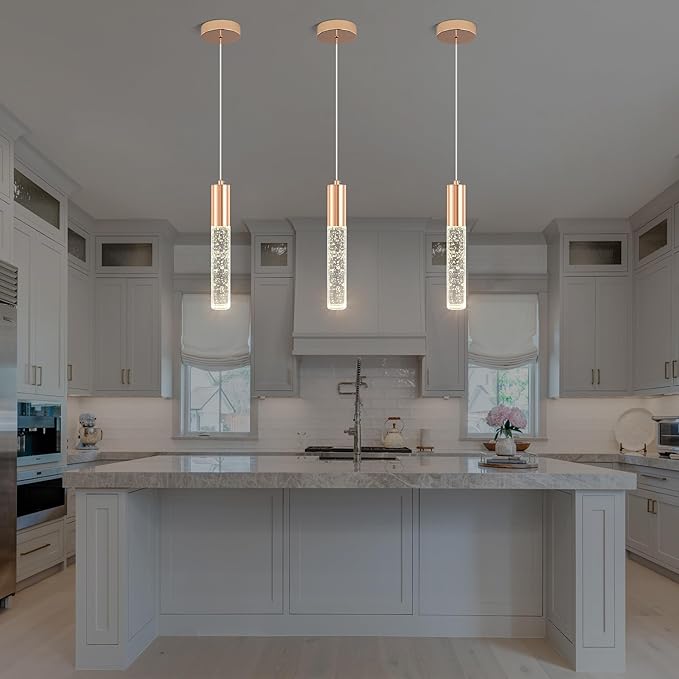 3-Pack Modern Crystal Pendant Light for Kitchen Island, Elegant Gold LED Bubble Hanging Chandelier Lighting Fixture for Dining Room Bedside