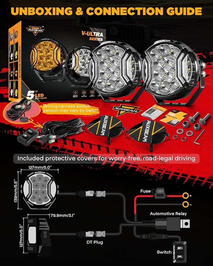 Auxbeam V-Ultra Series Side Shooter Light Bar, 5Inch 172W Round Offroad Lights LED Pods 20400LM, Amber DRL & Spotlight Dual Color 270° Wider Off Road Lighting with Protective Covers, Pair