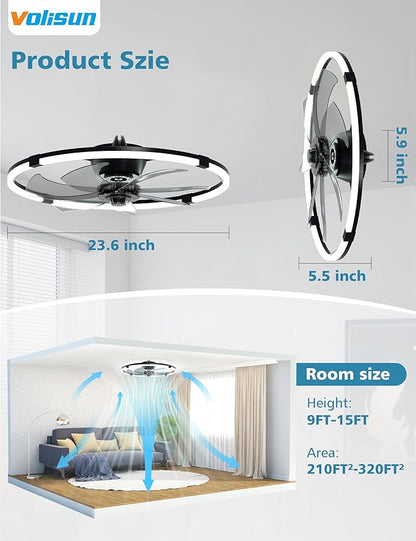 VOLISUN Low Profile Ceiling Fan with Lights and Remote, 23.6in Bladeless Ceiling Fans with Light Flush Mount, Dimmable Modern LED Fan Light, Black Fandelier Ceiling Fans for Bedroom,Living Room