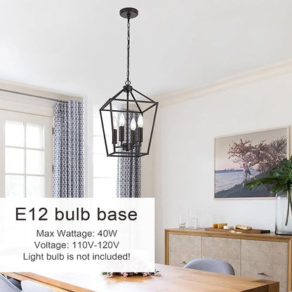 MELUCEE Farmhouse Chandelier in Oil Rubbed Bronze 4 Lights Lantern Pendant Light Vintage Openwork Cage Hanging Light Fixtures Ceiling for Kitchen Island Dining Room Entryway, E12 Base