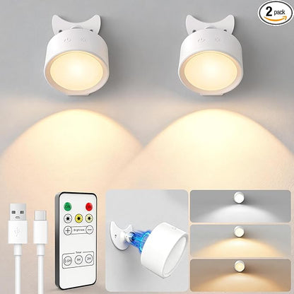 LED Wall Lights, [160H Battery Operated] Wireless Rechargeable Mounted, 3 Color & 4 Brightness Level & 360°Rotate & Touch or Remote, Wall Sconces for Reading Bedroom(White,Set of 2)