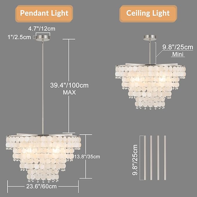 Natural Capiz Shell Chandelier, Coastal Modern Chandelier, Hanging Round Layered Pendant Lighting(4 Light, Nickel)