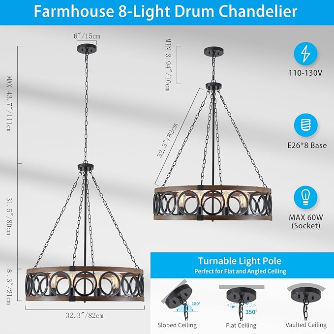 XINGQI Modern Farmhouse Chandelier 32.3" Large Drum 8 Lights Rustic Pendant Lighting Fixture for Living Room Dining Room Kitchen Island Bar Office, Round Metal Shade Black Wood Grain Finish