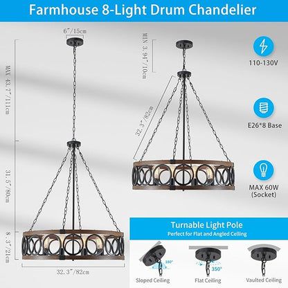 XINGQI Modern Farmhouse Chandelier 32.3" Large Drum 8 Lights Rustic Pendant Lighting Fixture for Living Room Dining Room Kitchen Island Bar Office, Round Metal Shade Black Wood Grain Finish