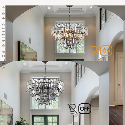 Modern Crystal Chandelier Lighting Hall Grand Living Room Stairway Chandeliers Pendant Light Fixture for High Ceiling Hanging Round Large Black