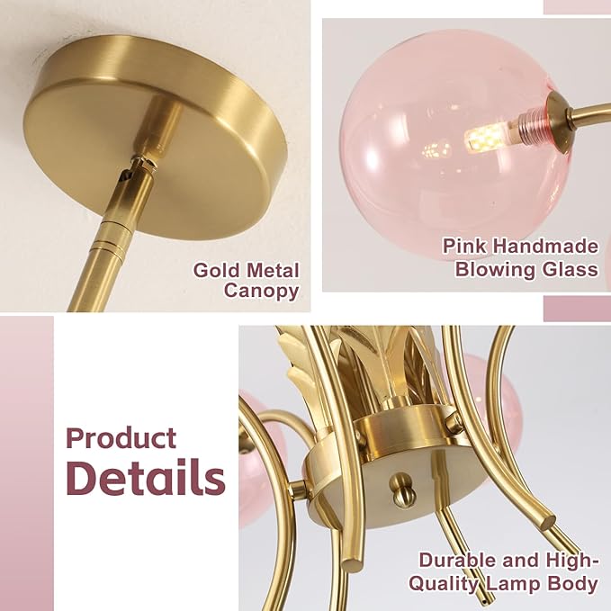 BOKT Modern Sputnik Chandeliers 6-Lights Island Pendant Lighting Fixture Mid Century Ball Chandelier with Pink Globe Lampshade Gold Sphere Ceiling Light for Dining Room Living Room Girls Room