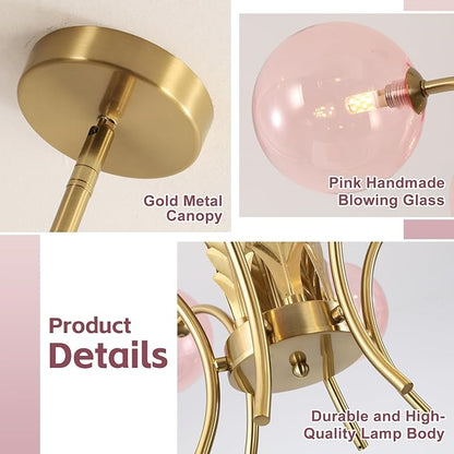 BOKT Modern Sputnik Chandeliers 6-Lights Island Pendant Lighting Fixture Mid Century Ball Chandelier with Pink Globe Lampshade Gold Sphere Ceiling Light for Dining Room Living Room Girls Room