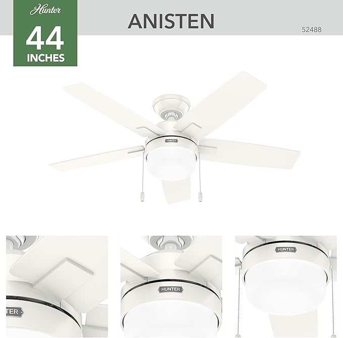 Hunter 44 inch Indoor Ceiling Fan with LED Light - White Ceiling Fan with Pull Chain, for Bedroom or Living Room, Standard Mount, No Remote, 5 Blades, Includes Bulbs - Anisten 52488, Fresh White