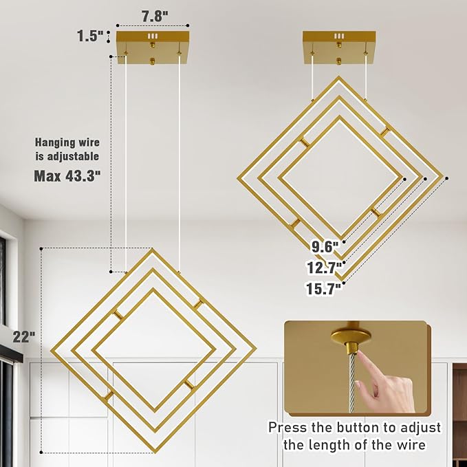 Modern Gold LED Square Chandelier,Adjustable Geometric Pendant Light with Remote Dimmable 3000K–6000K,Contemporary Hanging Light Fixture for Kitchen Island,Dining Room,Living Room