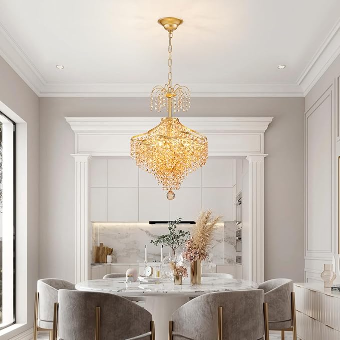 WUZUPS Golden-Hued Crystal Chandelier Pendant Flushmount Ceiling Light Modern Lighting Fixture for Bedroom Hallway Bar Kitchen Bathroom, H 20.1" x W 14.7", Gold, G9 Base