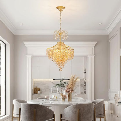 WUZUPS Golden-Hued Crystal Chandelier Pendant Flushmount Ceiling Light Modern Lighting Fixture for Bedroom Hallway Bar Kitchen Bathroom, H 20.1" x W 14.7", Gold, G9 Base